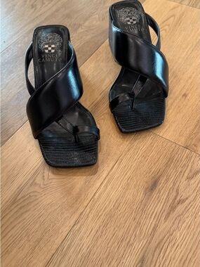 Vince Camuto Black Crisscross Leather Toe-Loop Mules